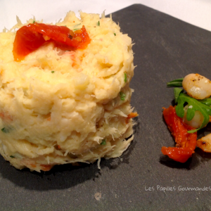 Brandade de cabillaud et crevettes aux tomates confites