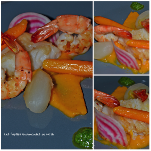Filet de Flétan crevettes sautées sur sa purée de carottes anisée à la vanille accompagné de ses petits légumes et de son pesto de cresson
