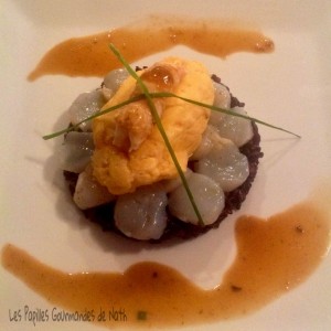 Quenelles de langoustines sur sa rosace de st Jacques et son riz noir