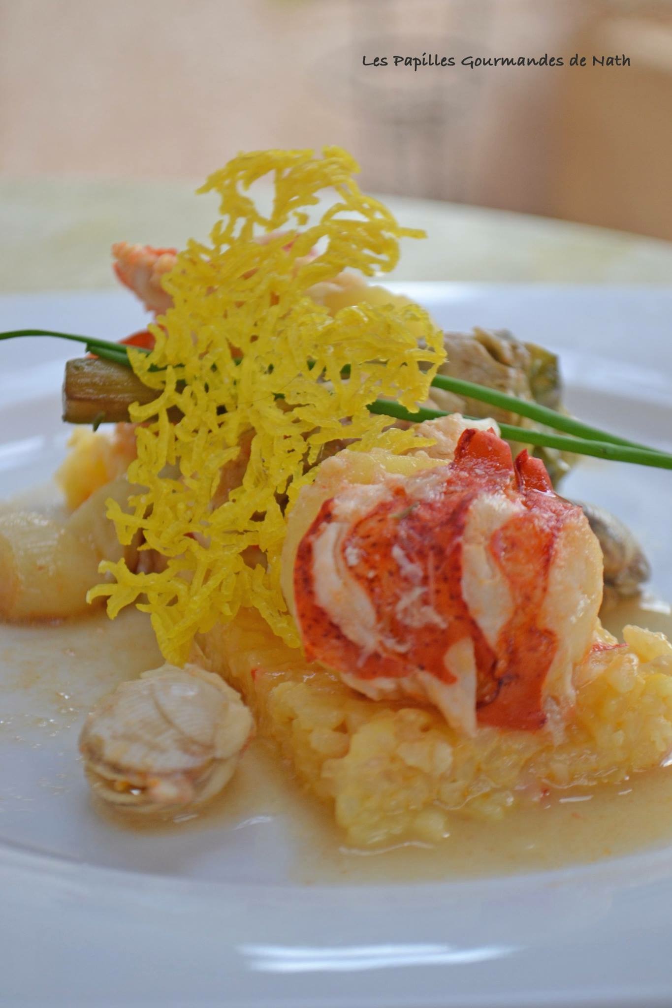 Homard façon Bouillabaisse sur son compressé de riz et ses petits légumes